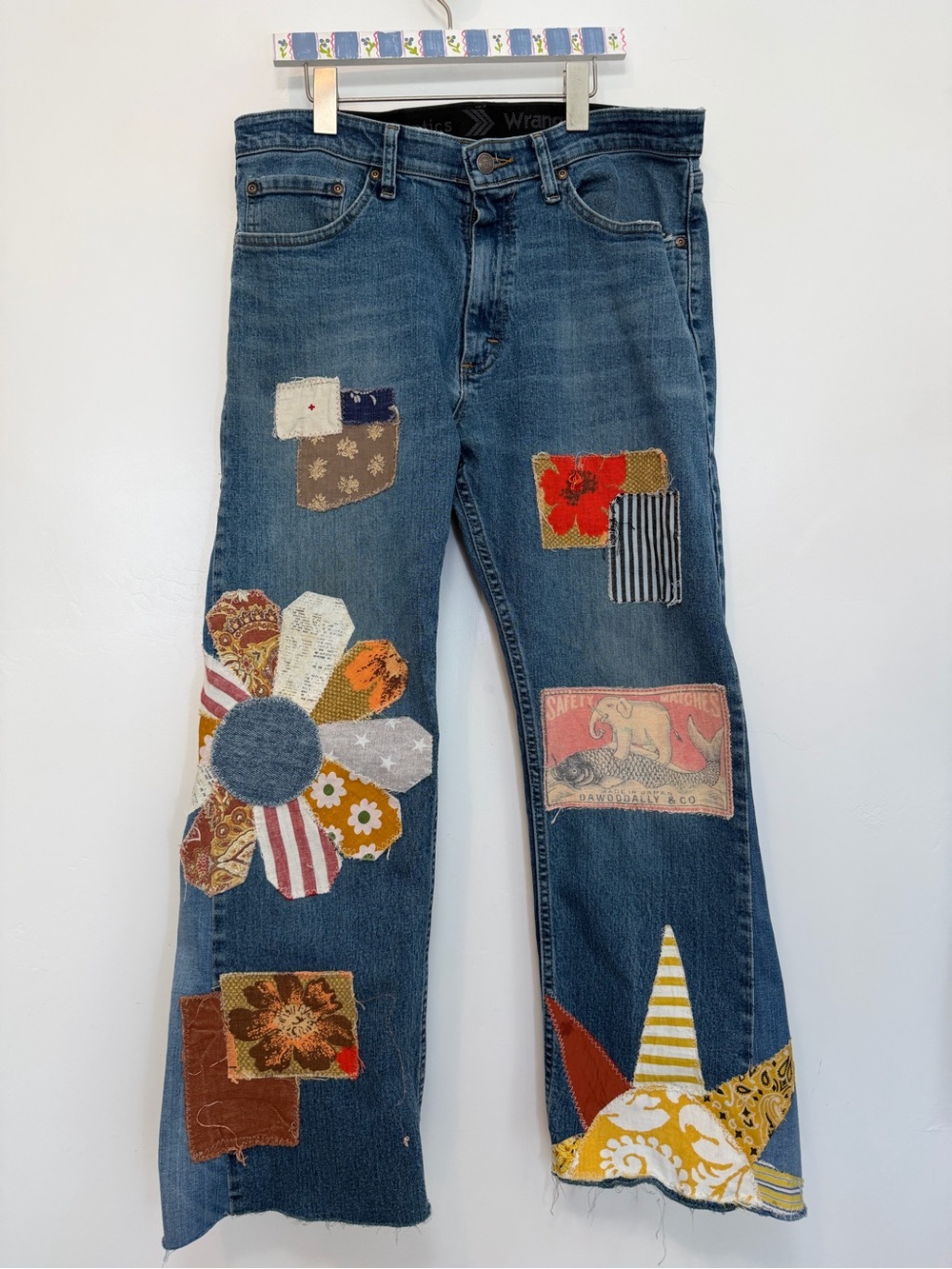 Upcycled Wrangler Blue Denim Jeans with Multicolor Patchwork